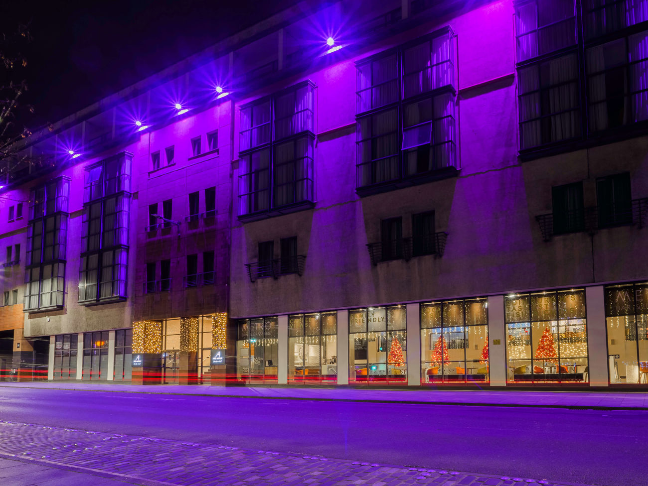Apex Grassmarket Hotel lit purple for World Prematurity Day