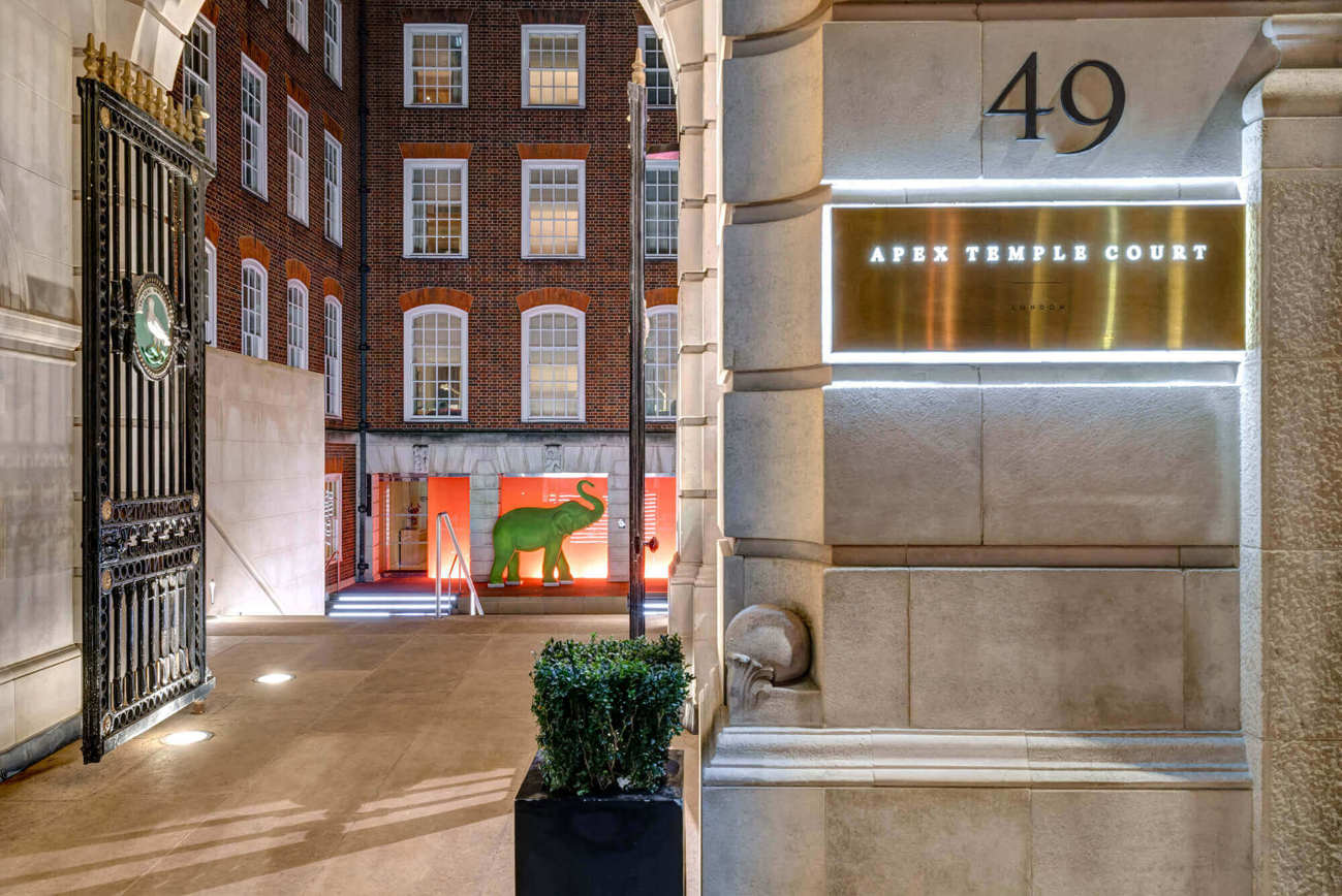 Apex Temple Court Hotel Exterior of Apex Temple Court Hotel looking into courtyard with green elephant