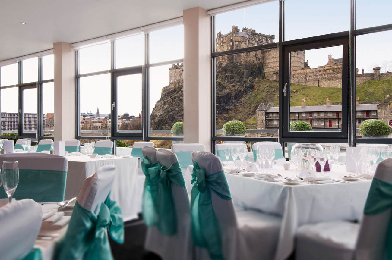 Wedding at Heights at Apex Grassmarket Hotel Heights at Apex Grassmarket Hotel set up for wedding with view of Edinburgh Castle