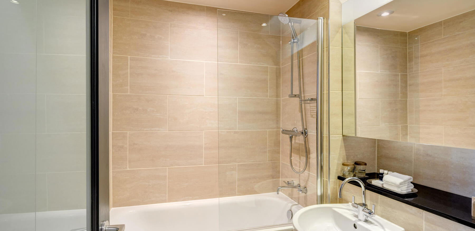 Castle View Superior Room bathroom with shower over bath at Apex Grassmarket HotelCastle View Superior Room bathroom with shower over bath at Apex Grassmarket Hotel